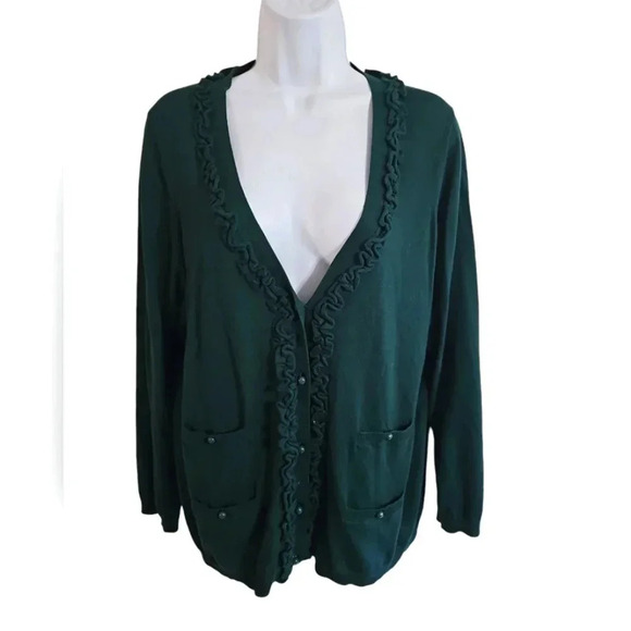 TALBOTS Forest Green Ruffle Trim Button Cardigan Petite 1X Classic Layering VTG - Picture 2 of 7